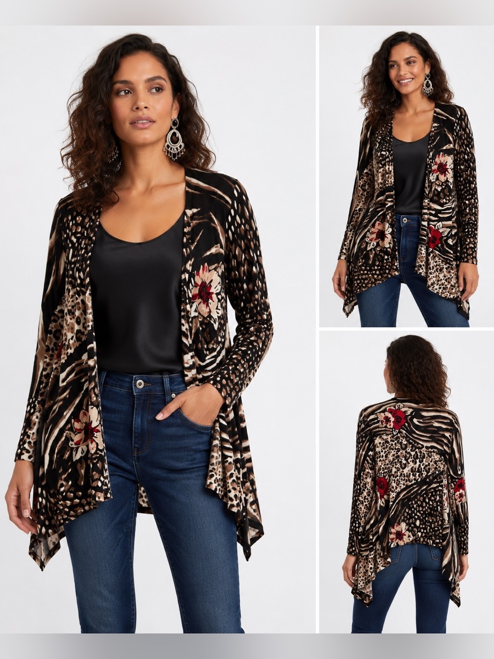 Cache Animal and Floral Print Open-Front Cardigan (Size L)